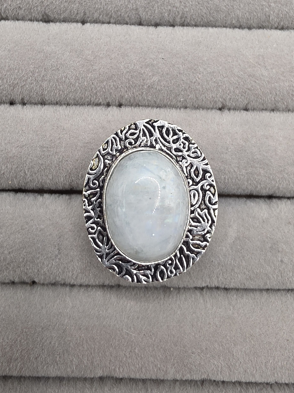 Silver Plated Moonstone Oval Statement Ring Size 8 1/2 - White Moonstone